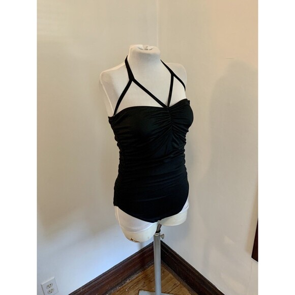 Kamali Kulture Shirred Waist Mio  One Piece Swim Ruched Black Large Halter Cut - Picture 8 of 13